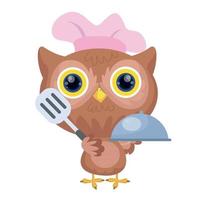 cute owl with spatula and bowl cooking dish in kitchen vector