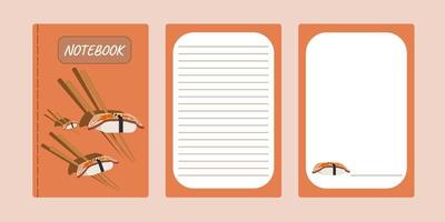 Set covers notebook terracotta. Sushis rolls eel, chopstick. Asian food Vector illustration.