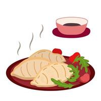 Chinese dumplings on plate with Chopsticks. Delicious Asian food Traditional. Vector illustration.