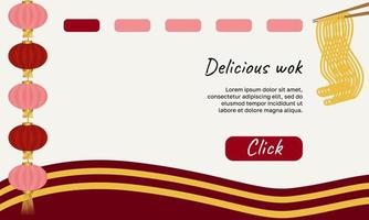 banner de comida asiática, plantilla de sitio web. linternas chinas, fideos y palillos. ilustración vectorial vector
