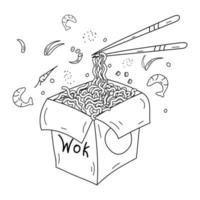 Coloring page. Asian food. Box with noodles. Chinese chopsticks raise noodles. Vector illustration.