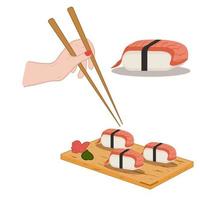 Sushis set on woode board, chopstick in hand. Rolls with shrimp. Asian food Vector illustration