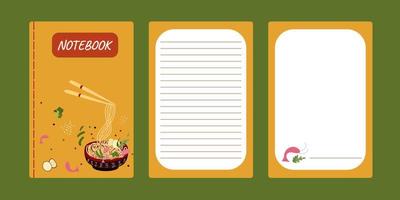 juego de fundas para libreta amarillas. wok, fideos, palillos, camarones, limón. ilustración de vector de comida asiática.