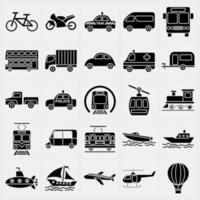conjunto de iconos de transportes. elementos de transporte. iconos en estilo glifo. bueno para impresiones, carteles, logotipos, letreros, anuncios, etc. vector
