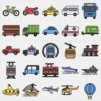 Icon set of transportations. Transportation elements. Icons in filled line style. Good for prints, posters, logo, sign, advertisement, etc. vector