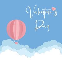 Vector love postcard for Valentine's Day with pink Balloon, paper clouds and blue background