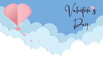 Vector love postcard for Valentine's Day with with heart shaped balloon and flying hearts, paper cut clouds and blue background