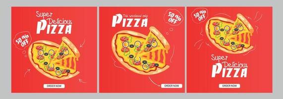 publicación de pizza y diseño de plantilla de banner web. conjunto de banner web, volante o afiche con acento rojo para la promoción de la oferta de pizza vector