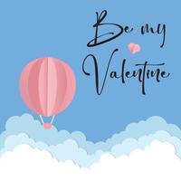Vector love postcard for Valentine's Day with pink Balloon, paper clouds and blue background