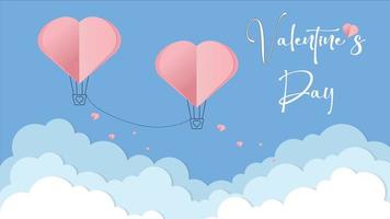 postal de amor vectorial para el día de san valentín con globos conectados por una cuerda, nubes de papel y fondo azul vector