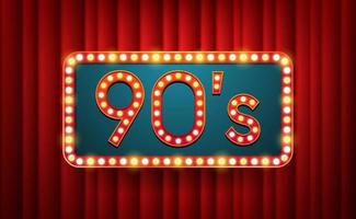 90's. text with electric bulbs frame on red background. Vector illustration