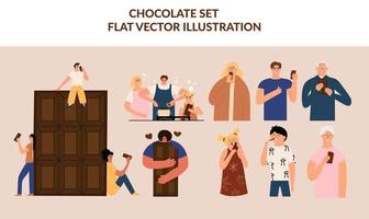 People of all ages eat chocolate. Character set, grandma, grandpa, mom, dad, daughter and son eating sweet food. Vector illustration in a flat style. Element design.