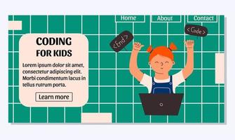 Landing page template with a child learning to code. Vector illustration, website, homepage