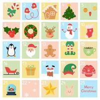 calendario de adviento de navidad. calendario de adviento para abrir en vacaciones de navidad con lindos animales y símbolos tradicionales. elementos de diseño de vacaciones de invierno. vector