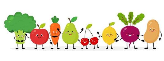 personajes de frutas y verduras con diferentes poses y emociones. comida sana. ilustración vectorial sobre un fondo blanco. mascotas de comida alegres en diseño plano. vector