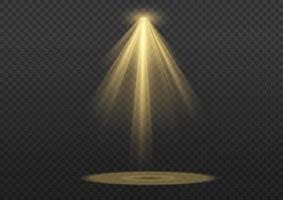 Vector spotlight. Yellow color light effect. Glowing isolated golden sparkling light effect. Spark spotlight special effect design. Ray vector element. Glowing isolated yellow.