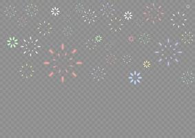 Bright colorful fireworks at dusk. Sparkling firework festive, holiday carnival firecracker explosion bang and abstract burst in night sky for congratulation card design. vector