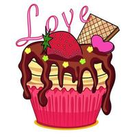 Hand-drawn illustration Cupcake  with tasty cream,waffles  and shokolate