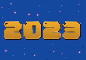 2023 efecto de arte de píxeles de año nuevo. tarjeta de deseo de año nuevo para jugadores, tarjeta de invitación de año nuevo de juego azul 2023. vector