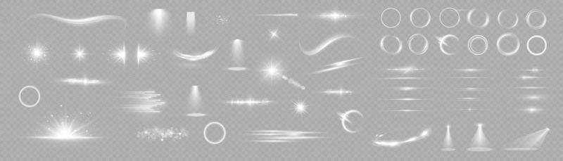 Light effect set. Glow isolated white light effect set. lens flare, explosion, glitter, dust, line, sun flash, spark and stars, spotlight, curve twirl. Sunlight, abstract special effect.
