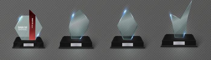 Empty glass trophy background. Glossy trophy for award. Realistic empty illustration. Black booth 3D. Vector crystal trophy for winner and achievements. Cup for the champion.