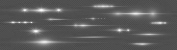 Horizontal beams of light. Beautiful light reflections. Glowing stripes on a light background. Glowing abstract sparkling background. Set of white horizontal highlights. Laser beams. spark and stars. vector