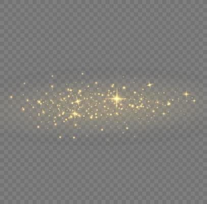 Vector sparkles. Gold dust. Yellow sparks shine light effect. Christmas abstract smoke and wind pattern. Shiny fairy dust particles with smoke and star in yellow color.