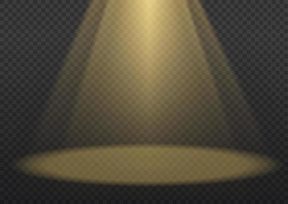 Vector spotlight. Yellow color light effect. Glowing isolated golden sparkling light effect. Spark spotlight special effect design. Ray vector element. Glowing isolated yellow.