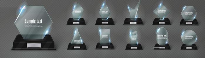 Empty glass trophy background. Glossy trophy for award. Realistic empty illustration. Black booth 3D. Vector crystal trophy for winner and achievements. Cup for the champion.