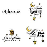 paquete moderno de 4 ilustraciones vectoriales de saludos deseos para el festival islámico eid al adha eid al fitr linterna de luna dorada con hermosas estrellas brillantes vector