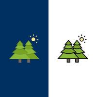 abeto bosque naturaleza árboles iconos plano y línea llena conjunto de iconos vector fondo azul