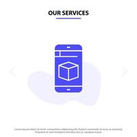 nuestros servicios tecnología de caja de celdas móviles icono de glifo sólido plantilla de tarjeta web vector