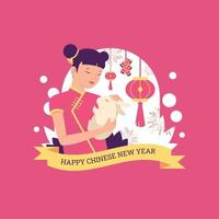 Girl Hugging a Rabbit on Chinese New Year vector