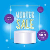 Winter sale design template with podium and frame. simple, minimal and elegant. blue, purple, white and yellow. for poster, banner and promotion. Vector illustration
