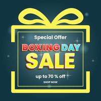 plantilla de diseño de venta de boxing day con caja de regalo, texto y fondo oscuro. estilo sencillo, minimalista y moderno. blanco, rojo y amarillo. uso para afiches, pancartas, anuncios y promociones vector