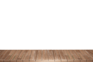 Wooden table foreground, wood table top front view 3d render isolated png