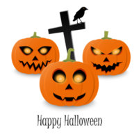 feliz texto tipográfico de halloween y naranja tres calabazas realistas. diseño de volante de fiesta de halloween png
