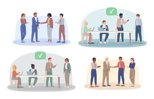 Business teamwork 2D vector isolated illustrations set. Corporate meeting flat characters on cartoon background. Colorful editable scenes collection for mobile, website, presentation