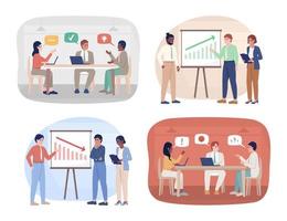 Business discussions 2D vector isolated illustrations set. Corporate strategy flat characters on cartoon background. Colorful editable scenes pack for mobile, website, presentation
