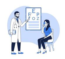 Eyesight checkup 2D vector isolated linear illustration. Thin line flat characters on cartoon background. Colorful editable scene for mobile, website, presentation