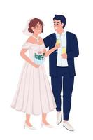 felices recién casados bebiendo vino espumoso personajes vectoriales de color semiplano. figuras editables. personas de cuerpo completo en blanco. ilustración de estilo de dibujos animados simple para diseño gráfico web y animación vector