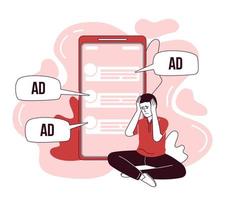 Annoying ads flat concept vector illustration. Overwhelmed man. Editable 2D cartoon character on white for web design. Stress creative ideas for website, mobile, presentation