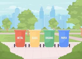 Garbage separation bins flat color vector illustration. Recycling materials collecting. Fully editable 2D simple cartoon landscape with green park on background