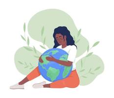 protección ecológica 2d vector ilustración aislada. dama abrazando el personaje plano del globo terráqueo en el fondo de dibujos animados. ambiente colorido escena editable para móvil, sitio web, presentación