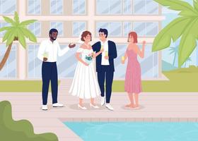 fiesta de bodas cerca de la piscina ilustración de vector de color plano. evento feliz en el resort tropical. personajes de dibujos animados simples 2d totalmente editables con un edificio elegante y palmeras en el fondo