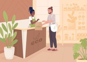 Man buying cosmetics in eco store flat color vector illustration. Choose natural products. Fully editable 2D simple cartoon characters with shop interior on background