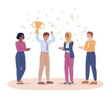 Celebrating business success 2D vector isolated illustration. Teamwork achievements flat characters on cartoon background. Colorful editable scene for mobile, website, presentation