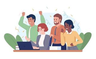 Successful project completion 2D vector isolated illustration. Happy colleagues with laptop flat characters on cartoon background. Colorful editable scene for mobile, website, presentation