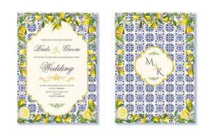 invitación de boda italiana con limones y azulejos de cerámica, plantilla de invitación de boda inspirada en la costa de amalfi, estilo mediterráneo de italia vector