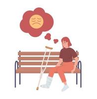 Woman with broken leg on bench semi flat color vector character